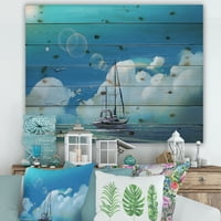 DesignArt 'Jedrilica na plavom moru protiv ljetnog oblaka neba' nautički i obalni tisak na prirodnom borovom drvetu