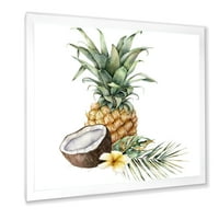 DesignArt 'ananas s Plumeria kokosovim orahom i palminim lišćem' tradicionalnim uokvirenim umjetničkim printom
