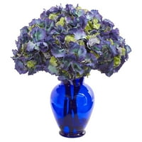 Gotovo prirodni hidrangijski umjetni aranžman u plavoj vazi, plava
