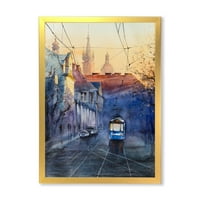 Plavi tramvaj na zalasku sunca s crkvom tijekom zalaska sunca gradski pejzaž uokviren slikati platno umjetnički