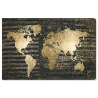 Wynwood Studio Maps and Flags Wall Art Canvas Otisci 'Mapamundi Musicale Night' World Maps - Zlato, crno