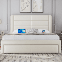 EasyFashion tapecirana platforma kraljica kreveta s ladicama za skladištenje i ugrađenim USB priključcima, bež