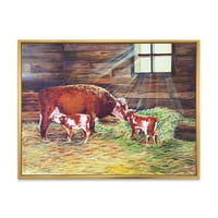 Novorođenčad blizanala telad s kravom na farmi uokvirena slikanje platna umjetnički tisak