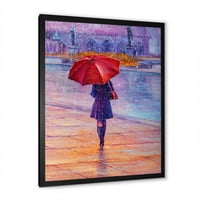 Dizajnerski crtež djevojka koja hoda po kiši s crvenim kišobranom u francuskom seoskom stilu u okviru