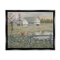 _ Cvjetajuće drveće, ptice smještene na ogradi seoske farme, slika na mrklom platnu s plutajućim okvirom, zidna