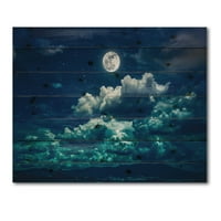Designart 'Noć punog mjeseca u oblačnom nebu II' nautički i obalni tisak na prirodnom borovom drvetu