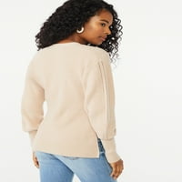 Ženski džemper-kardigan s napuhanim rukavima s okruglim vratom