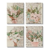 Stupell Desrijeri čudesni ružičasti cvjetovi zeleni listovi Vintage smeđa skripta, 20, dizajn Melissa Wang
