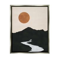 ;, Povlačenje potoka u daleke planine, oker sunce, grafička umjetnost, sjajno sivo plutajuće platno u okviru, zidni