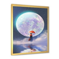 DesignArt 'djevojka s kišobranom koja stoji na vodi protiv mjeseca' tradicionalni uokvireni umjetnički tisak