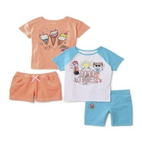 Djeca od 4-Raglan majice s uzorkom, kratke bermude i pletene kratke hlače, set odjeće od 4 komada koji odgovaraju
