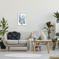 Studell uzorka plave biljke kaktusa botanička i cvjetna slika siva uokvirena umjetnička print zidna umjetnost