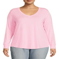 Ženska majica veličine i veličine plus s izrezom u obliku slova U i dugim rukavima