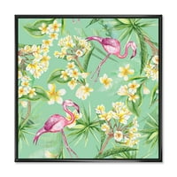 DesignArt 'žuti cvjetovi, tropsko lišće s flamingom v' tradicionalno uokvireno platno zidne umjetničke tiska