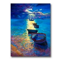 DesignArt 'ribarski brodovi na vodi s tamnoplavim nebom ilustracijom' Lake House platno zidni umjetnički tisak