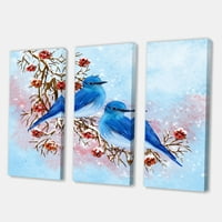 DesignArt 'dvije plave ptice koje sjede na grani s bobicama zimi' tradicionalni platno zidni umjetnički tisak