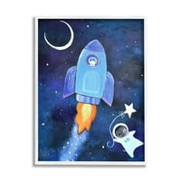 Stupell Industries Animals in Outer Space Rocket Ship Star Balloon Night Sky Grafička umjetnost Bijela uokvirena