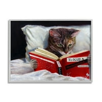 Stupell Industries Mačka čita knjigu u krevetu Smiješno slikanje, 30, dizajn Lucia Heffernan