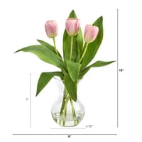 Gotovo prirodno 15in. Umjetni raspored tulipana u staklenoj vazi, ružičasta